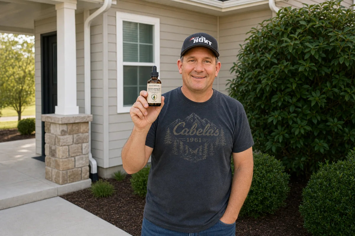 A bottle of Pinemoor Tick Protection Drops held in hand